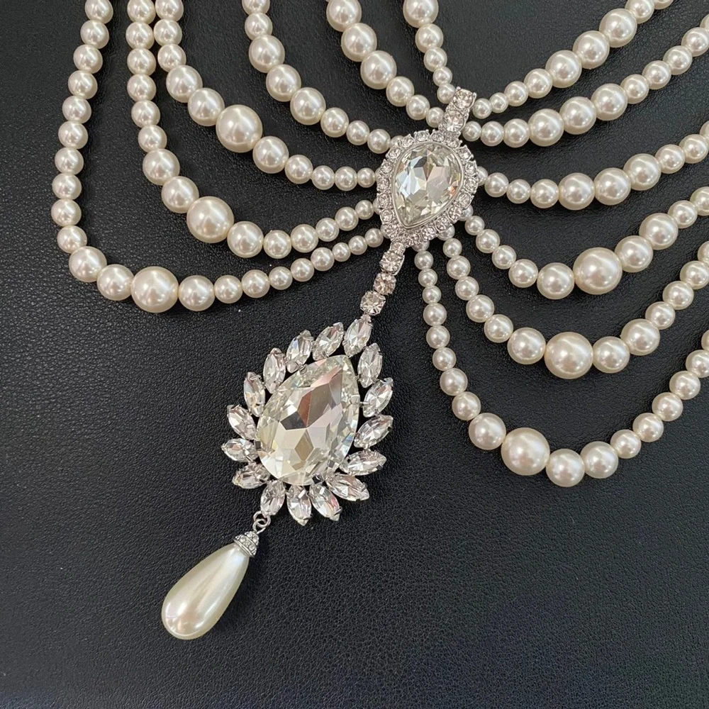 Alessandra Rich Ivory Pearl Multi-Strand Necklace with Crystal Drop